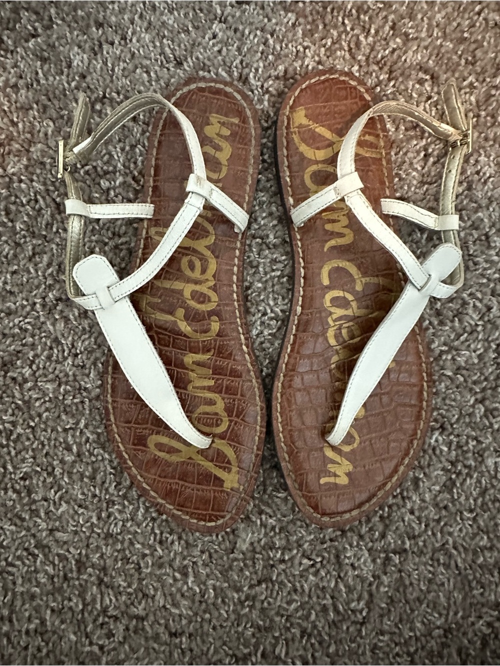 Sam Edelman White Leather T-Strap Sandals with Gold Buckles